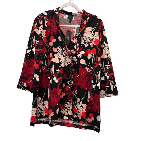 Worthington NWT Women's Size L Large Blouse Floral Print Black Red 3/4 Sleeves - Picture 1 of 6